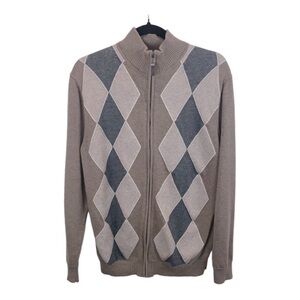 Tasso  Elba Beige Grey Full Zip Argyle Lightweight Cotton Sweater M